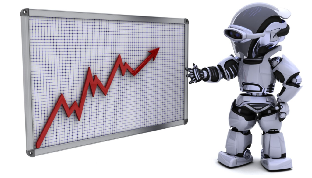 Robot showing progress graph with red arrow on it on the board 